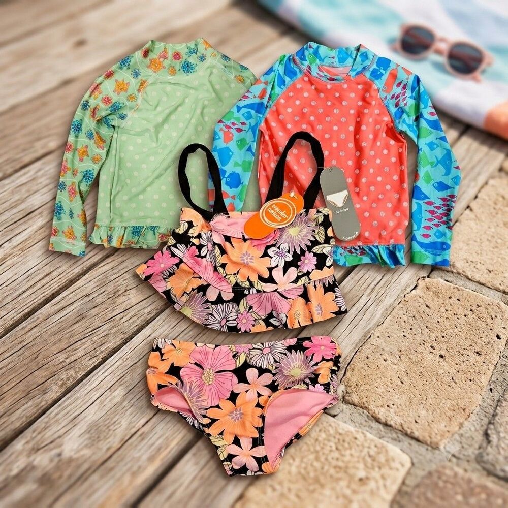 Girls Size 4T 4-5 Swim Lot L.L. Bean Fish Floral Rash Guards Wonder Nation Set